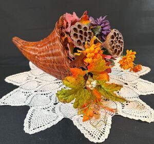 Vintage 1970s Wicker Cornucopia Horn of Plenty Thanksgiving Harvest Centerpiece